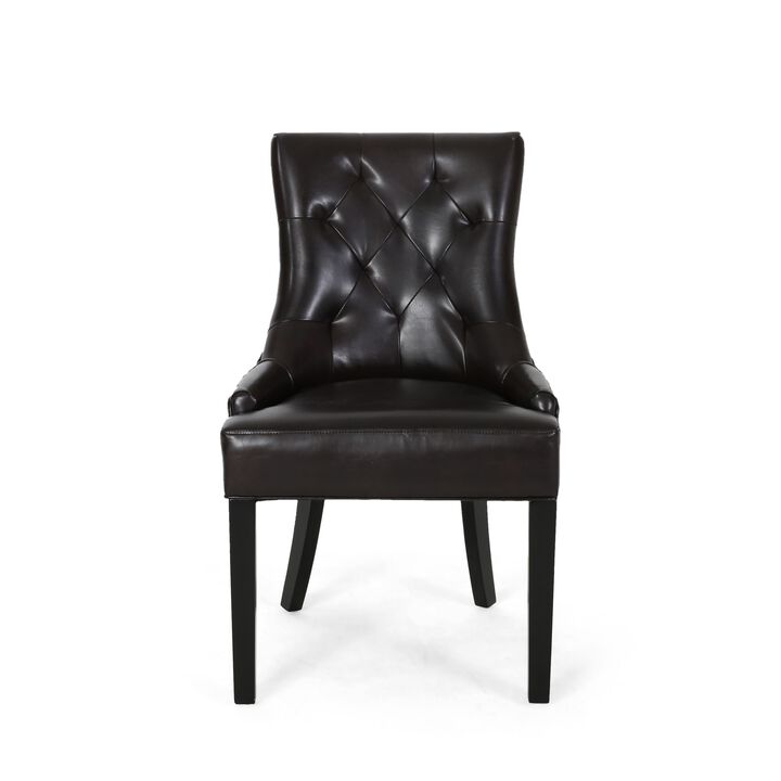 Chen Dining Chair Set of 2, Sloped Arms, Tufted Brown Faux Leather - Benzara