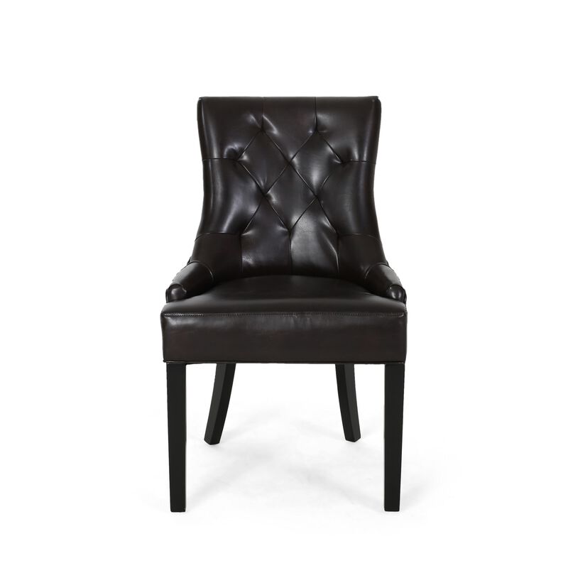 Chen Dining Chair Set of 2, Sloped Arms, Tufted Brown Faux Leather - Benzara