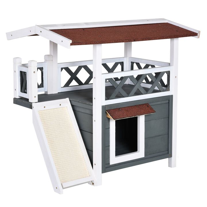 Grey/White Cat Castle: 2-Story Outdoor Shelter with Sisal Ramp