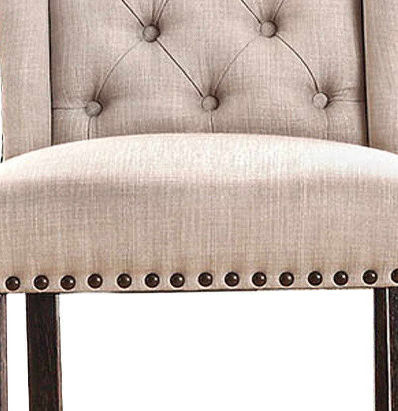 Button Tufted Fabric Upholstered Wooden Bar Chair, Beige and Black, Set of Two-Benzara