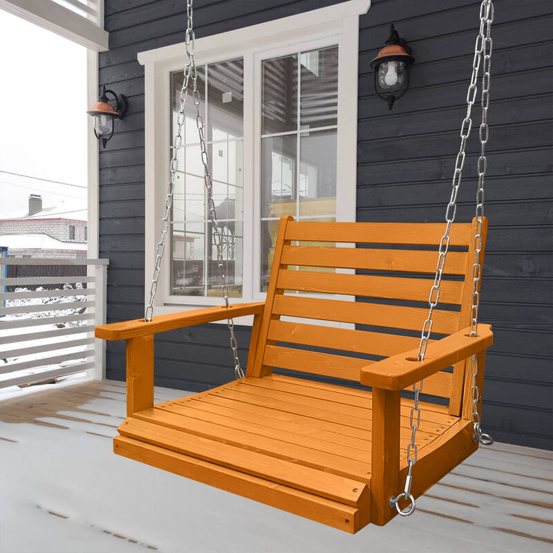 Solid Wood Porch Single Swing, Ergonomic Seat, Bench Swing with Hanging Chains and 7mm Springs, Heavy Duty 600 LBS, for Outdoor Patio Garden Yard ( 1-Seater)