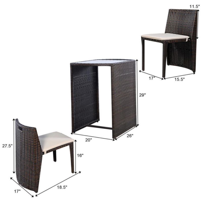 Hivvago 3 Pieces Cushioned Wicker Patio Bistro Set with No Assembly Needed