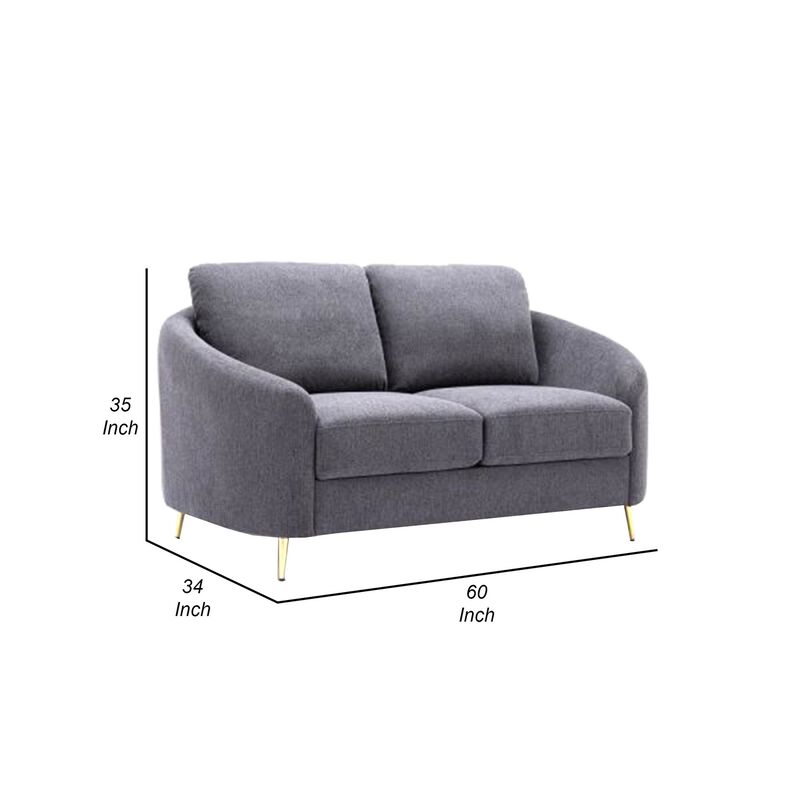 Nial 60 Inch Loveseat, Linen Upholstery, Pine Wood, Smooth Gray, Gold Legs - Benzara