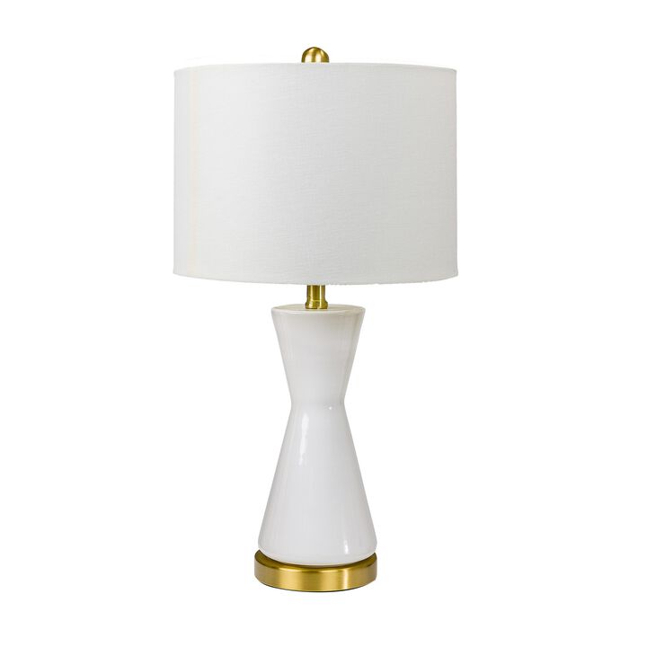 Elma 24 Inch Table Lamp Set of 2, Hourglass Stand, Gold Trim, Glass, White-Benzara