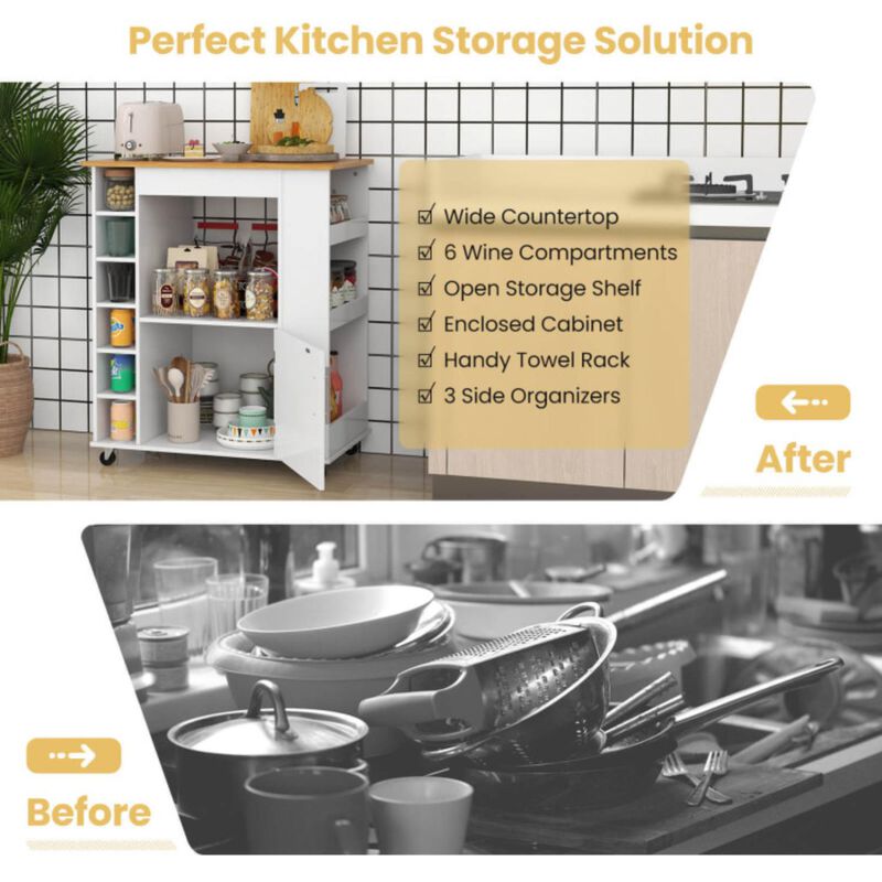 Hivvago Kitchen Cart on Wheels with Bamboo Top and 6-Bottle Wine Rack-White