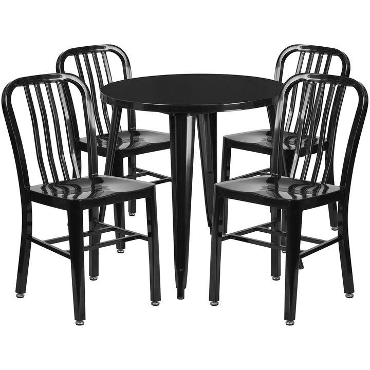 Flash Furniture Commercial Grade 30" Round Black Metal Indoor-Outdoor Table Set with 4 Vertical Slat Back Chairs