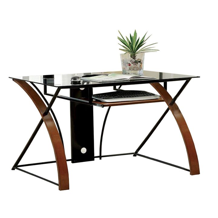 Glass Top Computer Desk with Z Shaped Metal Legs, Brown and Black - Benzara