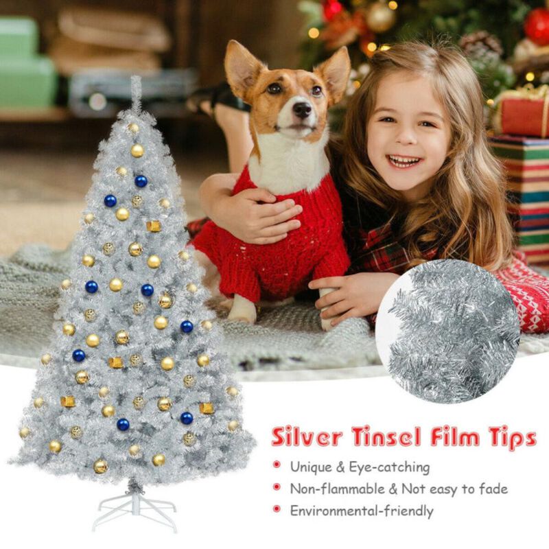 Hivvago 7.5 Ft Hinged Unlit Artificial Silver Tinsel Christmas Tree