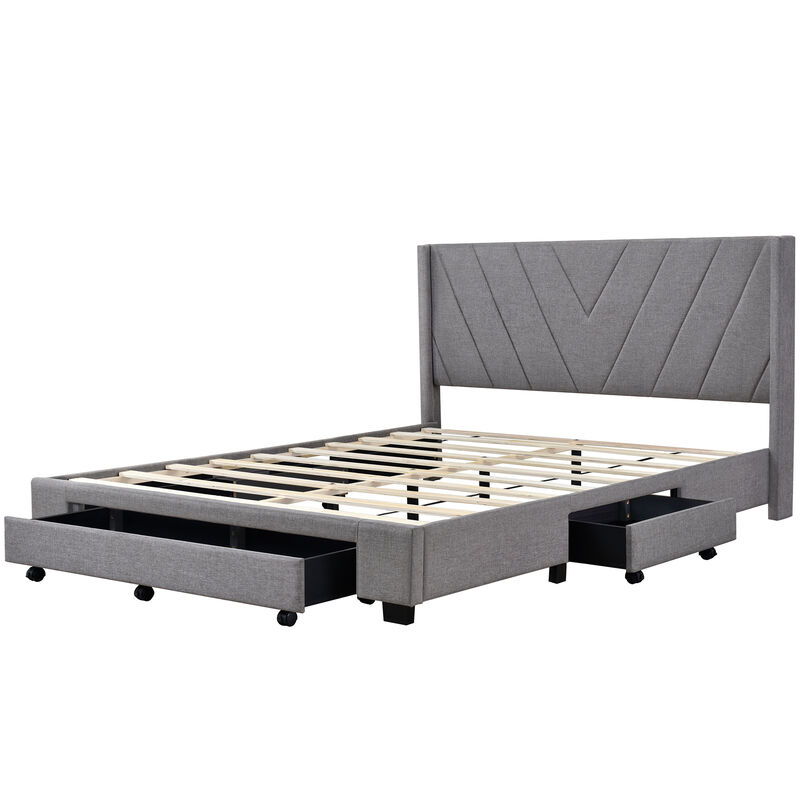 Merax Linen Upholstered Platform Bed with 3 Drawers