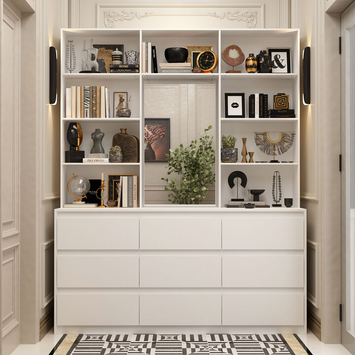 FUFU&GAGA White Bookcase with Adjustable Shelves and Drawers, (63" W x 15.7" D x 78.5" H),White