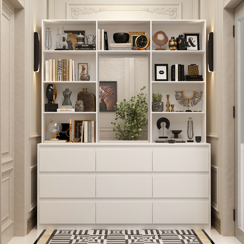 FUFU&GAGA White Bookcase with Adjustable Shelves and Drawers, (63" W x 15.7" D x 78.5" H),White