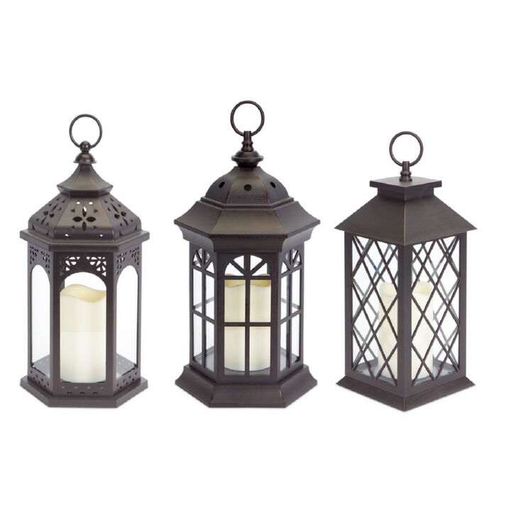 Set of 3 Lanterns with LED Candles and 6-Hour Timer for Indoor and Outdoor Use