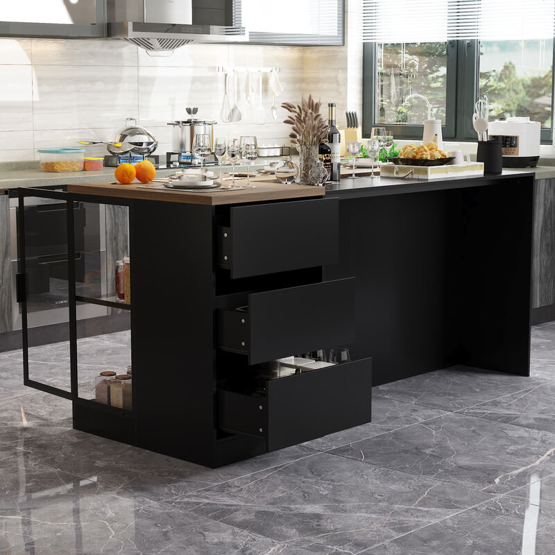 FUFU&GAGA Black Mdf Base with Mdf Top Kitchen Island (36.6-in x 77.6-in x 30.3-in),Black