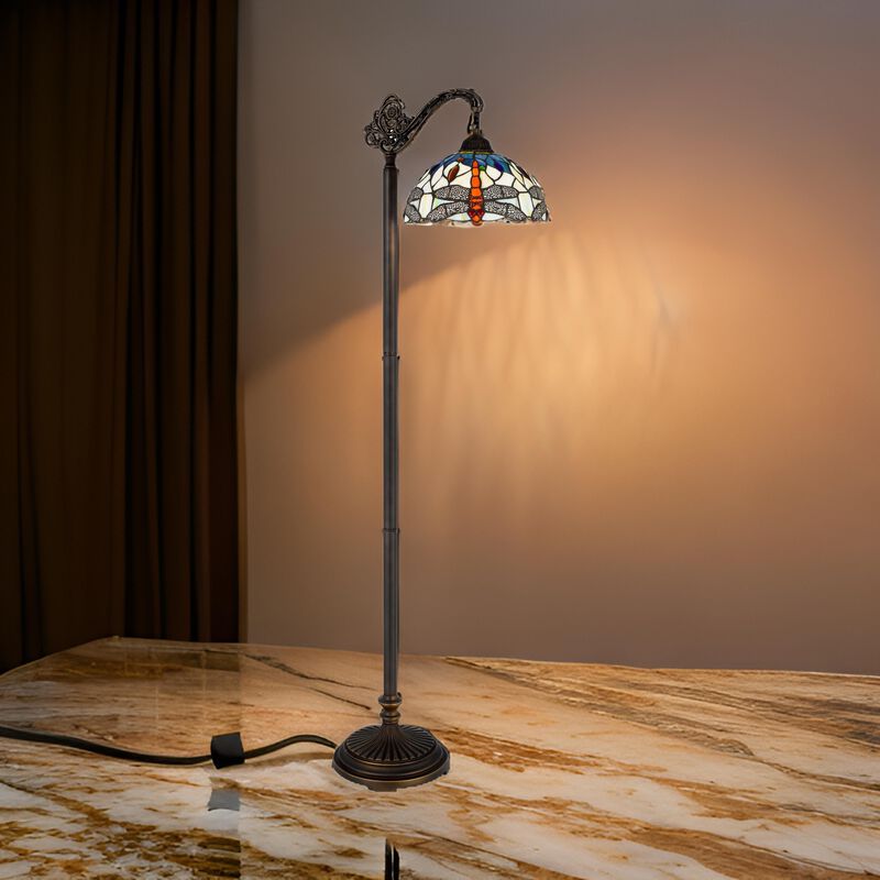 62 Inch Floor Lamp, Down Arc Shade Tiffany Style Stained Glass, Bronze - Benzara