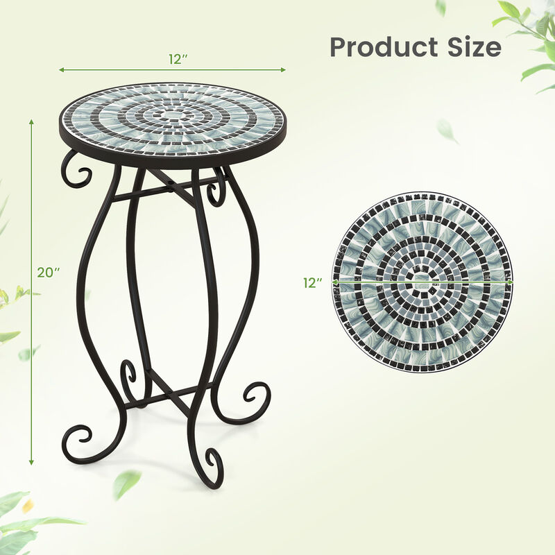 Small Plant Stand with Weather Resistant Ceramic Tile Tabletop-Black & Smoke Blue
