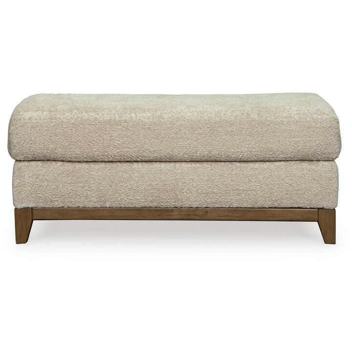 Klyn 44 Inch Ottoman, Plush Cushion, Faux Wood Rail Feet, Beige Polyester - Benzara