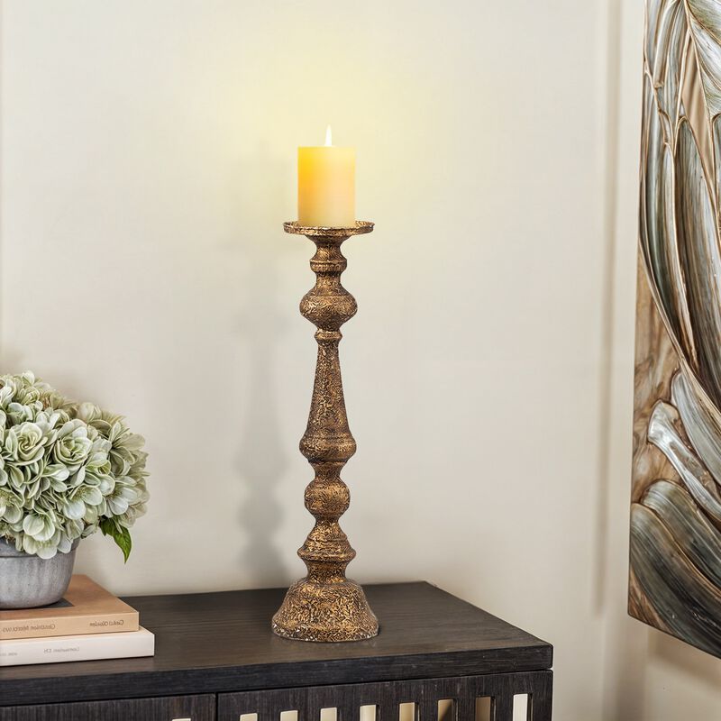 Mia 24 Inch Pillar Candle Holder, Antique Brass Metal, Turned Pedestal - Benzara