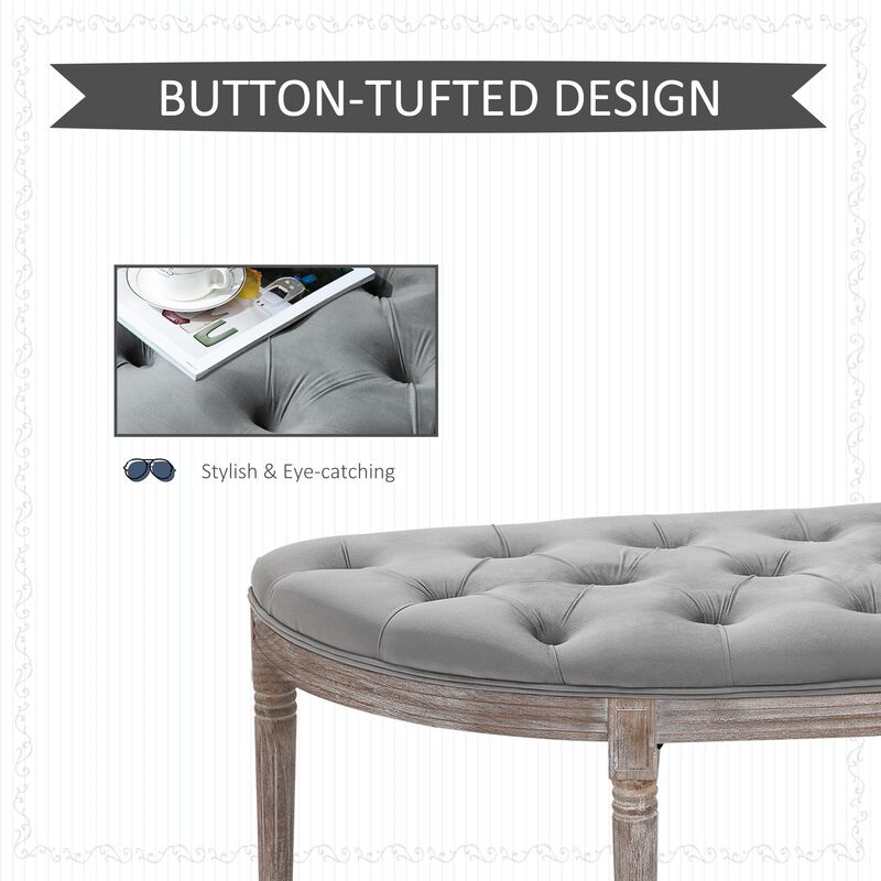 Grey Classic Accent: Tufted Half Circle Bench with Velvet-Touch Fabric