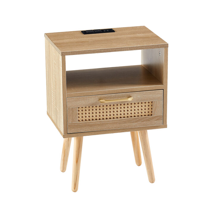 Rattan End table with Power Outlet & USB Ports , Modern nightstand with drawer and solid wood legs, side table for living roon, bedroom,natural