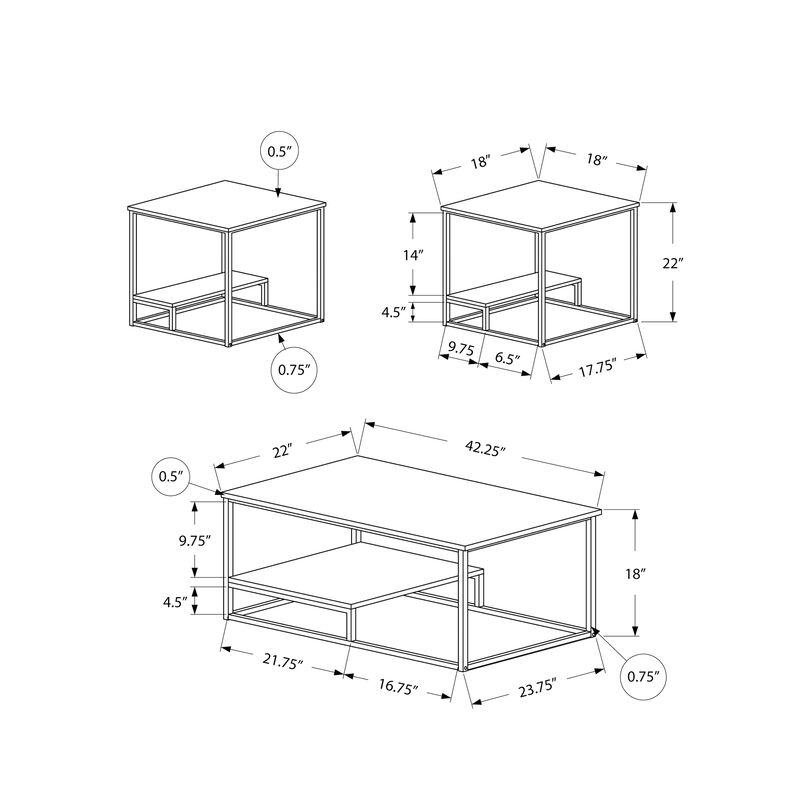 Monarch Specialties I 7961P Table Set, 3pcs Set, Coffee, End, Side, Accent, Living Room, Metal, Laminate, White, Grey, Contemporary, Modern