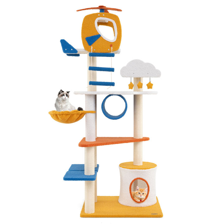 Tall Aviation-themed Cat Tree with Helicopter Top Perch and Platforms