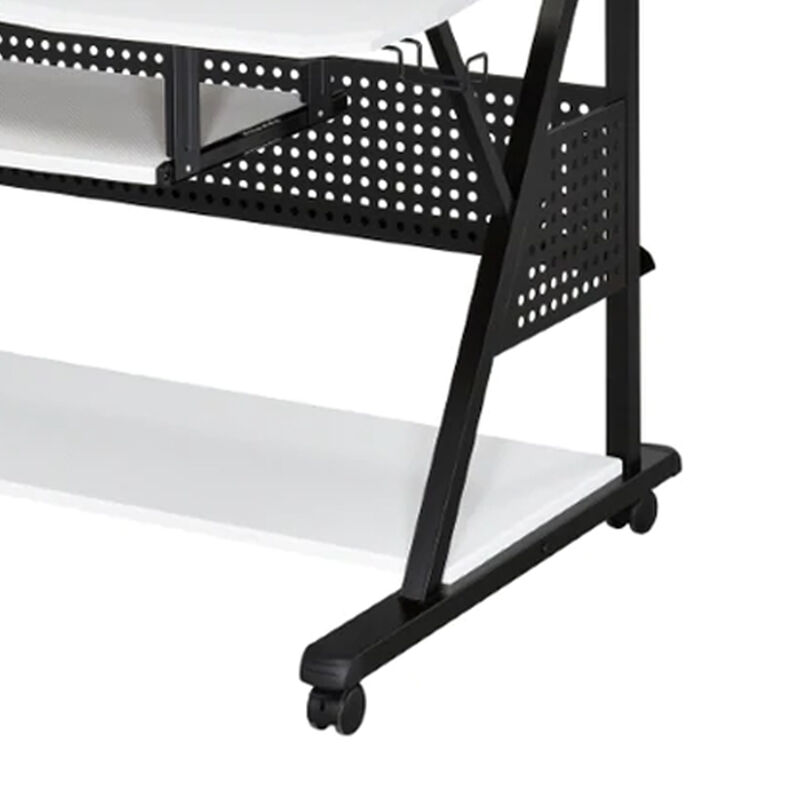 Gia 67 Inch Music Desk Workstation, Speaker Shelf, Keyboard Tray, White - Benzara