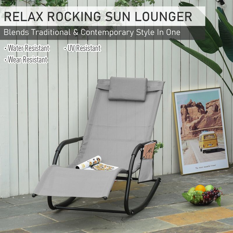 Grey Patio Comfort: Rocking Sun Lounger with Detachable Pillow