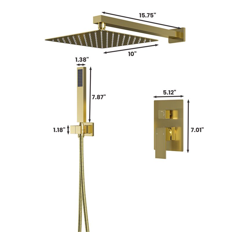 Mondawe 10-in Built-In Shower Faucet System with 2-way Diverter， Square Bathroom Shower Combo Set (Pressure-balanced Valve Included)