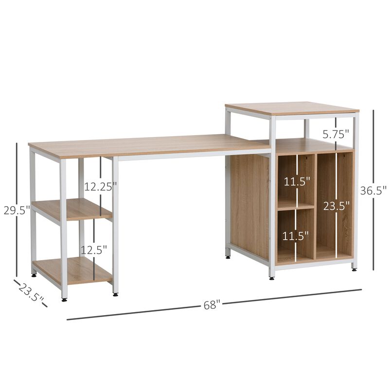 Oak Office Center: 68" Computer Desk with Bookshelf and CPU Stand