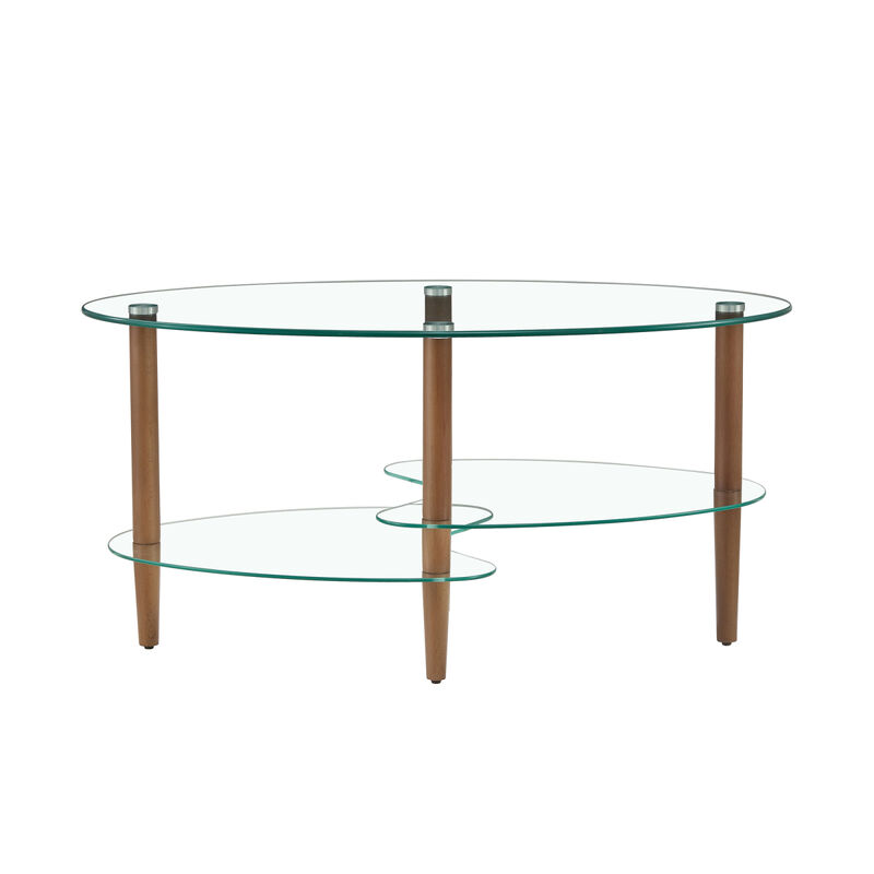 Modern Oval Glass Coffee Table with Oak Wood Legs
