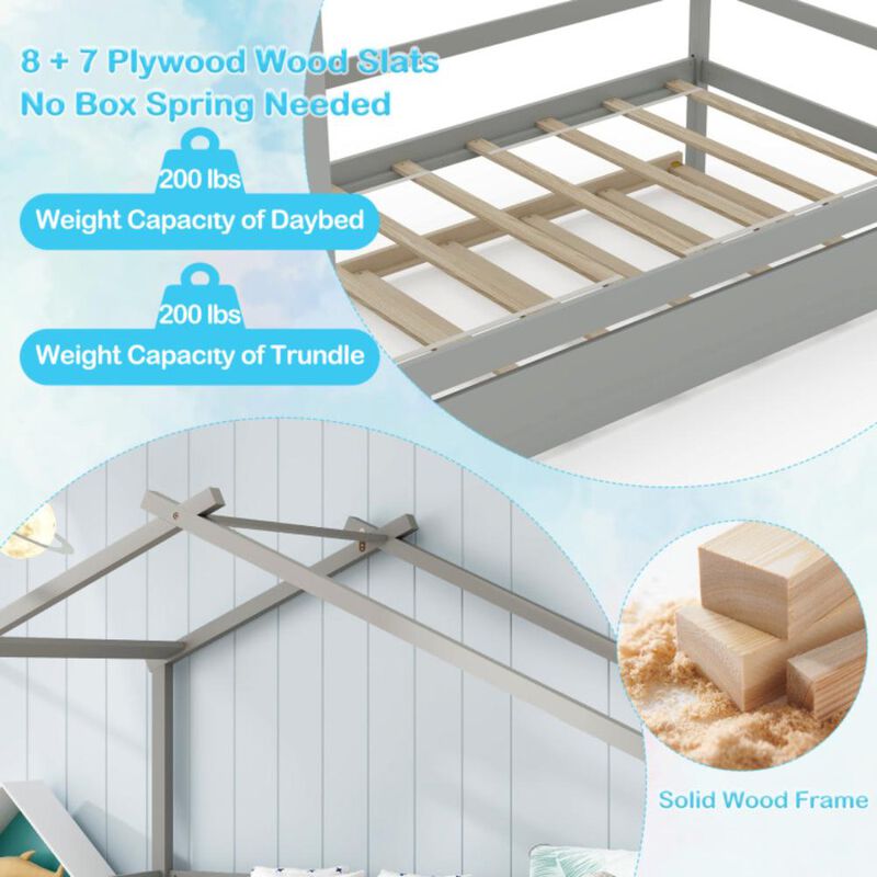 Hivvago Kids Twin Size House Bed with Trundle and Roof