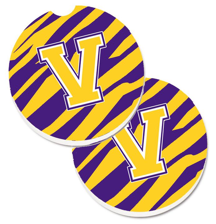 Caroline's Treasures Letter V Monogram - Tiger Stripe - Purple Gold Set of 2 Cup Holder Car Coasters CJ1022-VCARC, 2.56, Multicolor