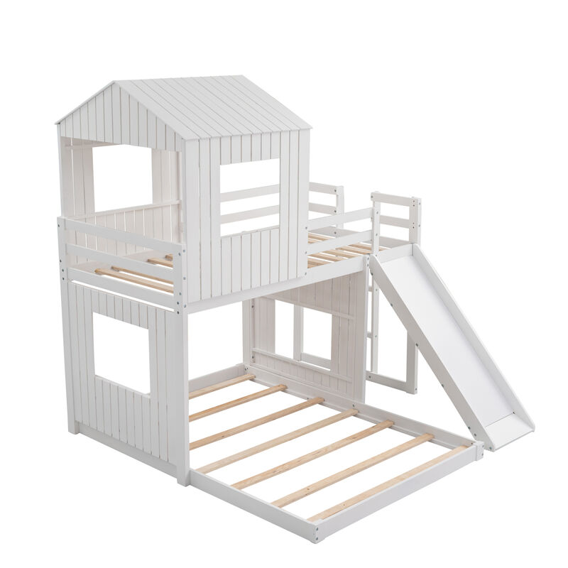 Wooden Twin Over Full Bunk Bed, Loft Bed With Playhouse, Farmhouse, Ladder, Slide And Guardrail