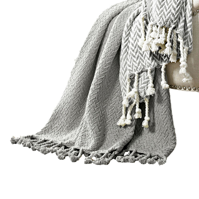 Calabria Herringbone Cotton Throw The Urban Port, Set of 2, Gray and White - Benzara