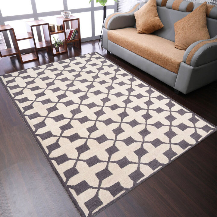 RUGSOTIC CARPETS HAND TUFTED WOOL ECO-FRIENDLY AREA RUGS  - 9'x12', Rectangle Shape, Beige & Black, Geometric Modern Design, High Pile Handmade Area Rugs for Living Room, Bed Room (K00301)
