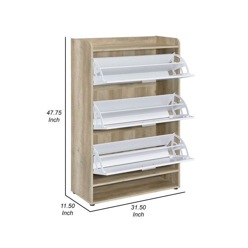 Danny Shoe Storage Cabinet, 3 Tiered, Bottom Shelf, Antiqued White Pine - Benzara