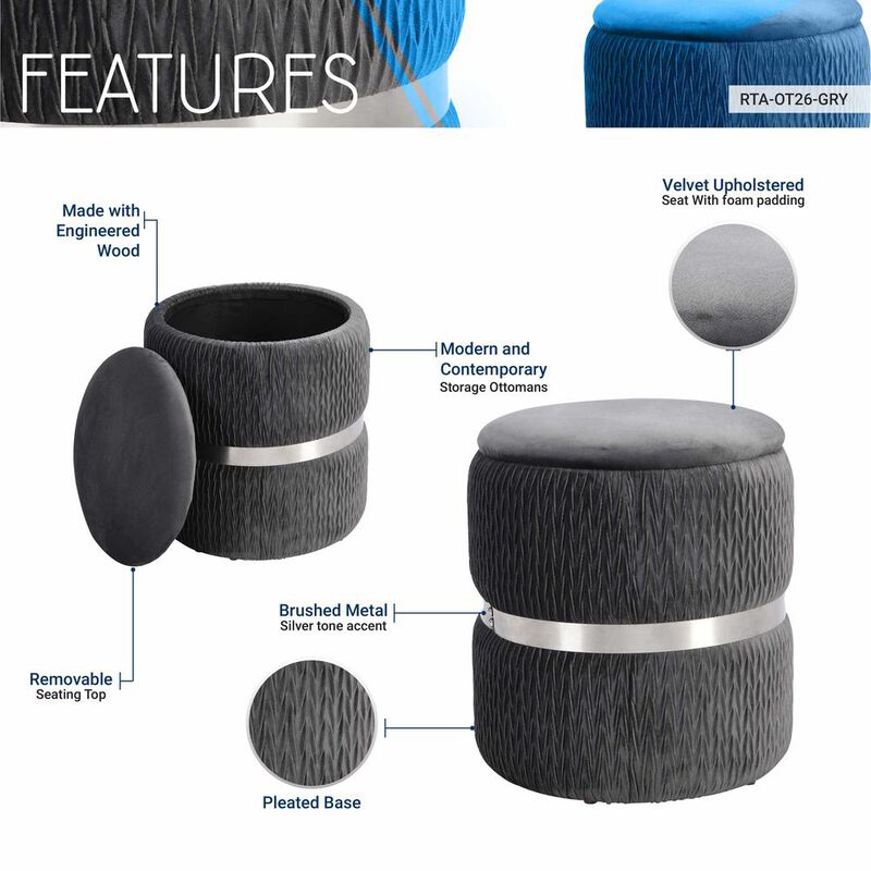 Techni Mobili Storage Ottoman, Grey