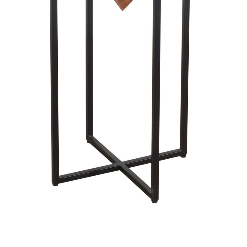 30 Inch Pyramid Shape Wooden Side Table With Cross Metal Base, Brown and Black-Benzara