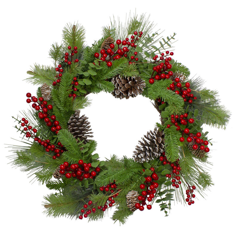 Holly Berries and Snowy Pinecones Artificial Christmas Wreath - 24-Inch  Unlit