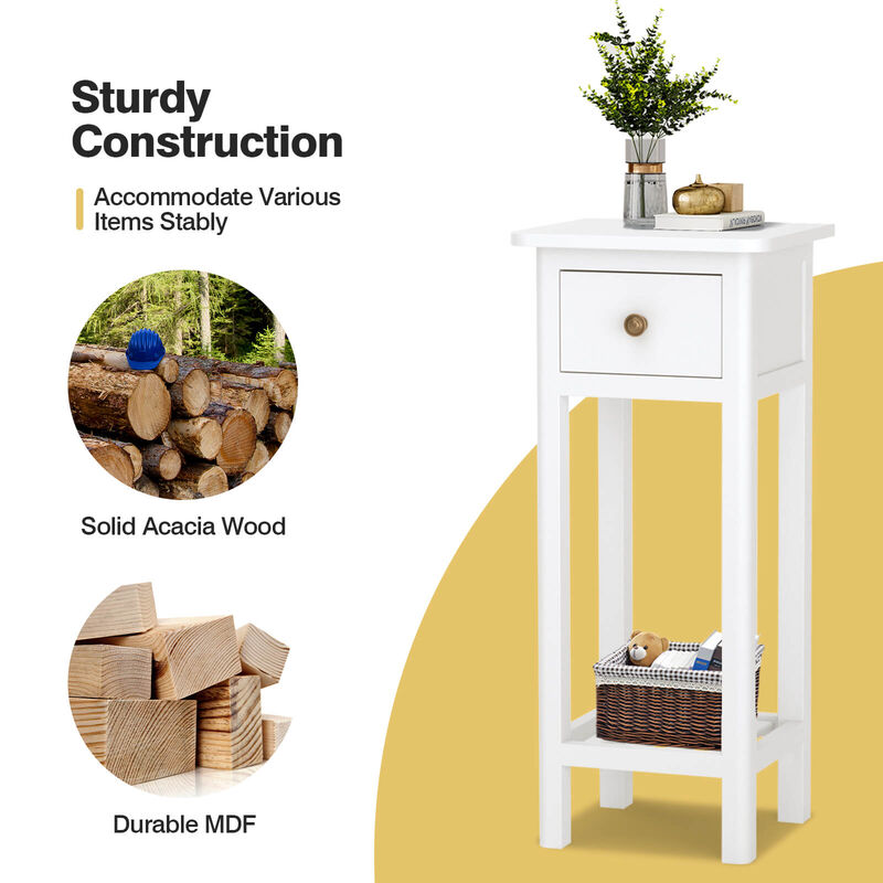 2 Tier Slim Nightstand Bedside Table with Drawer Shelf