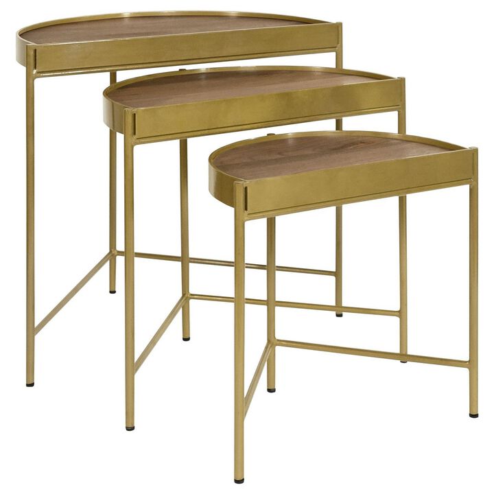 3 Piece Nesting End Table Set, Half Moon Tabletops, Mango Wood, Brown - Benzara