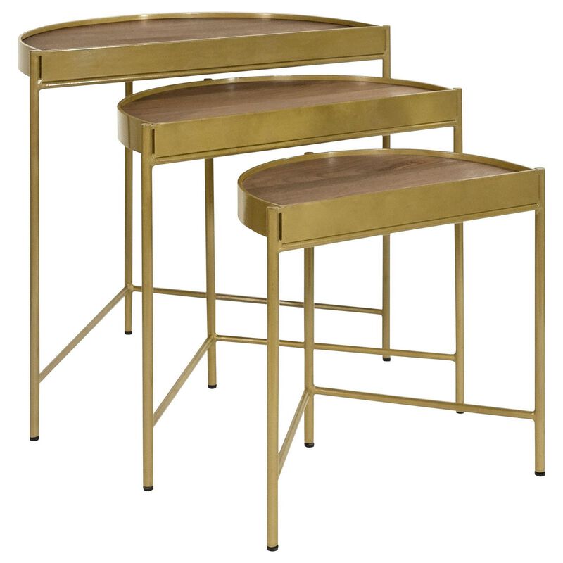 3 Piece Nesting End Table Set, Half Moon Tabletops, Mango Wood, Brown - Benzara
