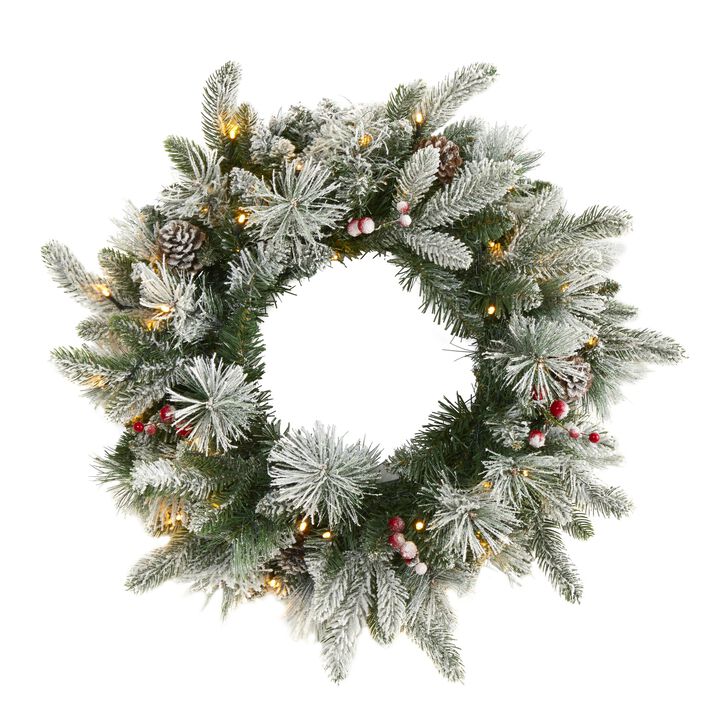 Hivvago 20" Flocked Mixed Pine Artificial Christmas Wreath with 50 LED Lights, Pine Cones and Berries