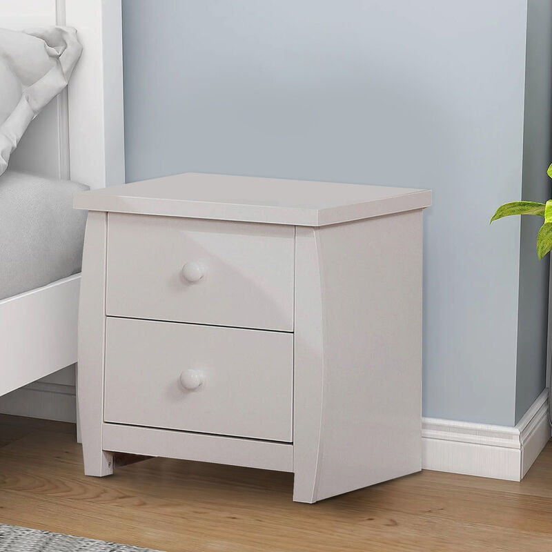 Wooden Nightstand with 2 Drawers and Curved Sides, White-Benzara