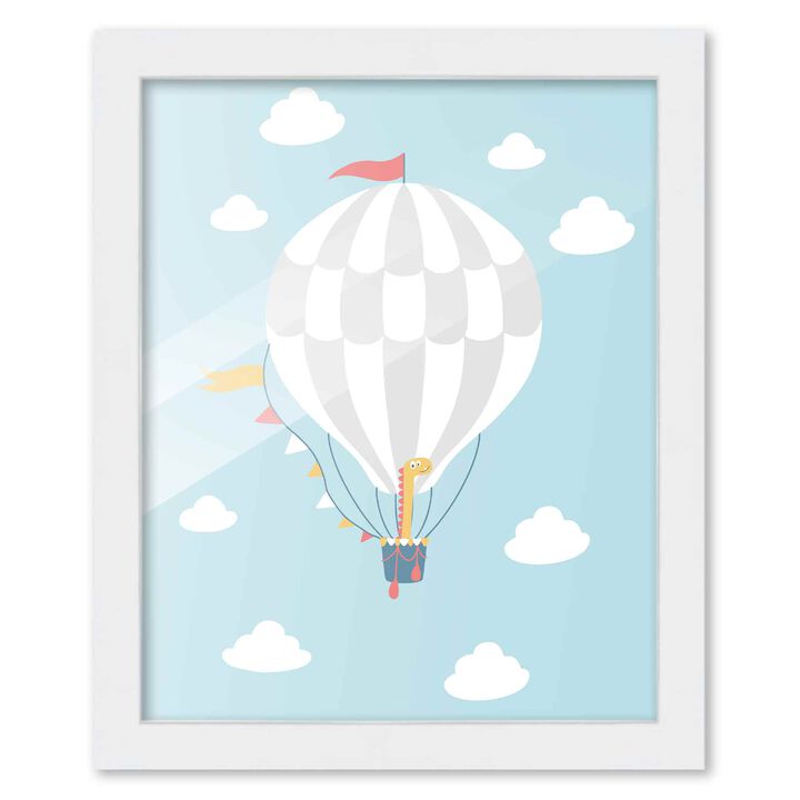 8x10 Framed Nursery Wall Art Dinosaur Hot Air Balloon Poster in White Wood Frame For Kid Bedroom or Playroom