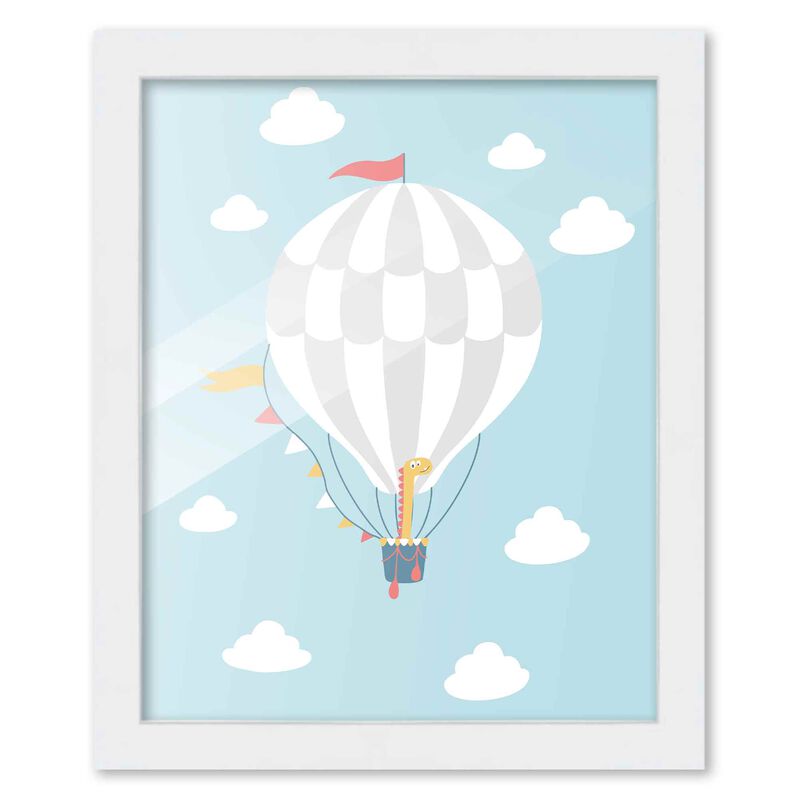 8x10 Framed Nursery Wall Art Dinosaur Hot Air Balloon Poster in White Wood Frame For Kid Bedroom or Playroom