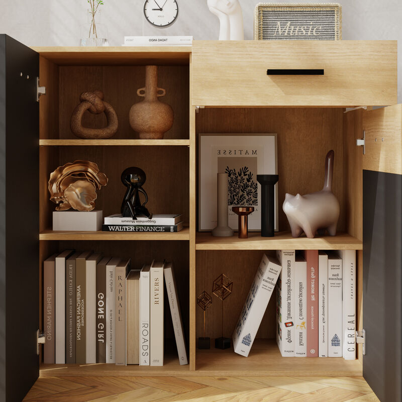 FUFU&GAGA Bookshelf with Storage Cabinet, Adjustable Shelves & Drawers, Modern Farmhouse Bookcase for Living Room, Bedroom, Home Office, (35.4" W x 34.1" H x 17.7" D),Rustic Oak & Black