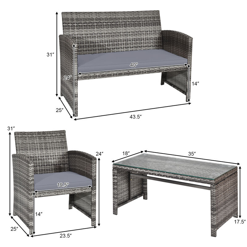 4 Pcs Patio Rattan Furniture Set Top Sofa With Glass Table