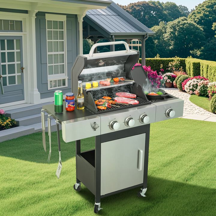 MONDAWE 3-Burner Propane Gas BBQ Grill with Side Burner, 37230BTU Output With Enameled Cast Iron Cooking Grids For Outdoor Barbecue, Stainless Steel