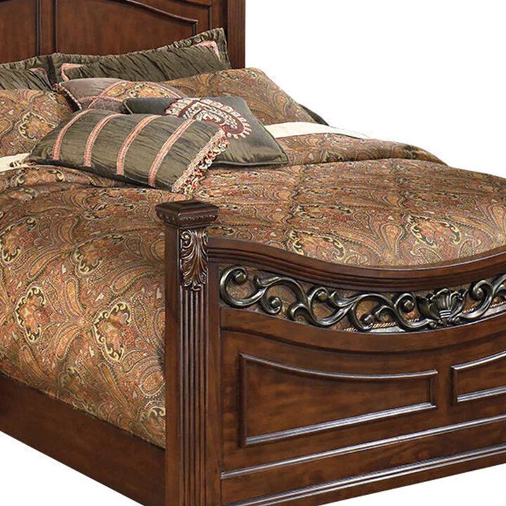 Aza Traditional Wood California King Bed, Leaf Carvings, Rich Cherry Brown - Benzara